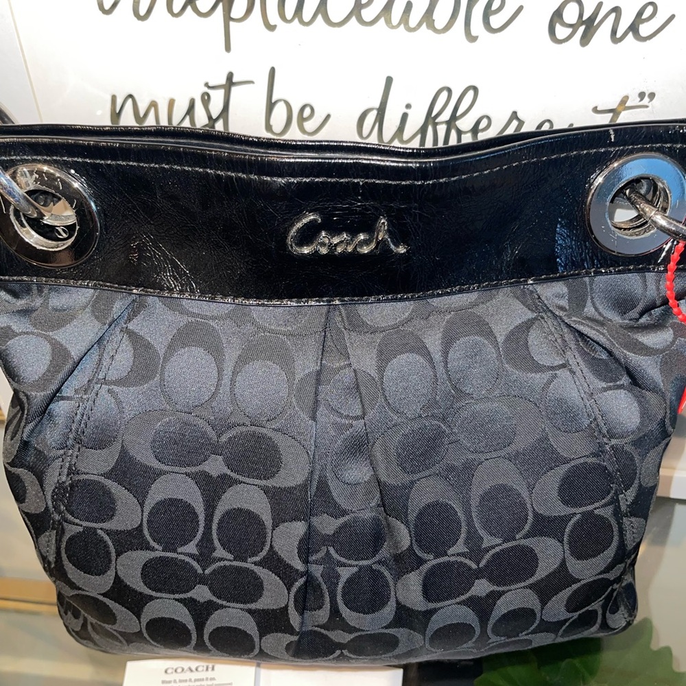 Coach Black Hand Bag with Signature Monogram Pattern